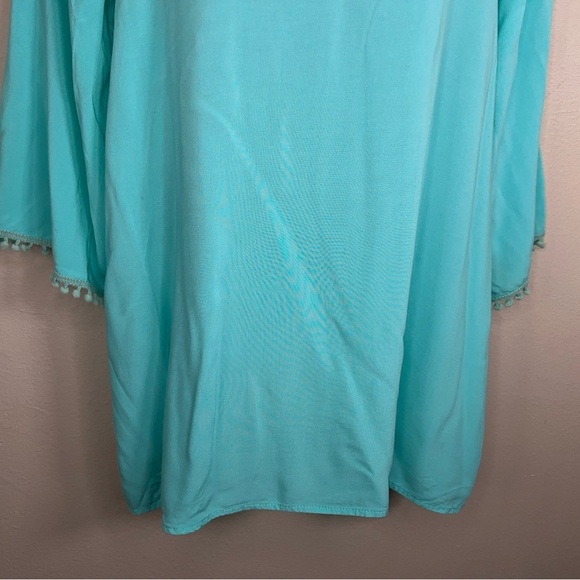 MEDIUM MINT BLUE TUNIC TOP VNECK DANGLE ACCENT BOHO BOHEMIAN ROSE DE PARIS - Picture 4 of 13